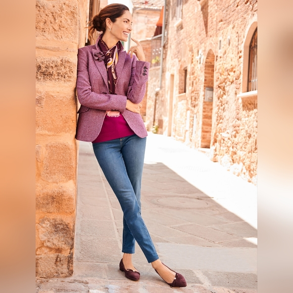 Talbots Wool Blend Equestrian Blazer Jacket Size 12 Pink Wine Houndstooth Lined - Picture 12 of 14